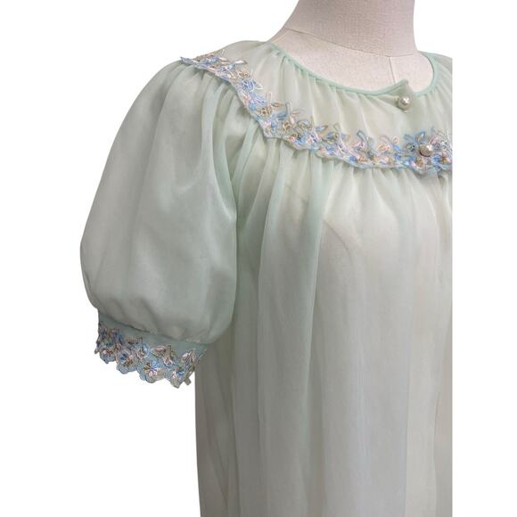Vintage 50s Green Nylon Sheer Chiffon Embroidered Peignoir Dressing Robe Size L - Picture 2 of 8